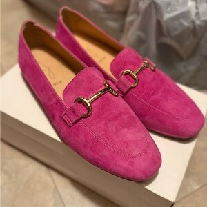 Joie Fuchsia Suede Loafers with Gold Accent